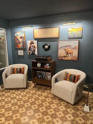 Vinyl record Dallas skyline wall art displayed in modern living room gallery wall décor.