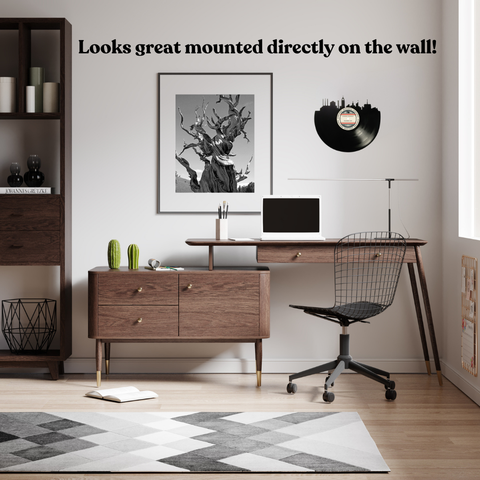 Vinyl record skyline wall art displayed in modern living room décor