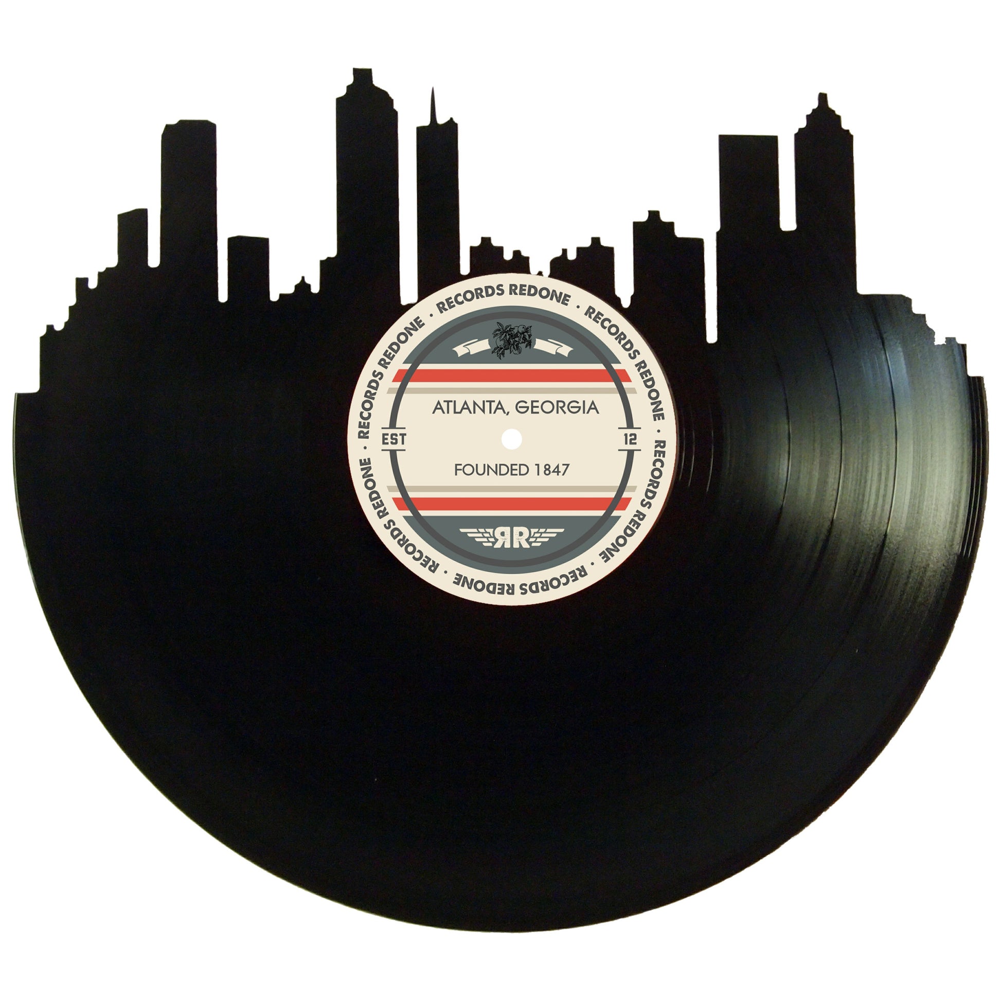 Atlanta skyline wall art made from a recycled vinyl record — eco-friendly décor with a nostalgic vibe.