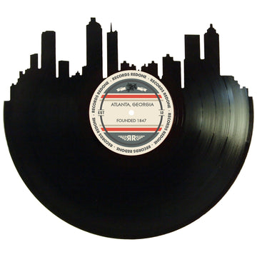 Atlanta skyline wall art made from a recycled vinyl record — eco-friendly décor with a nostalgic vibe.