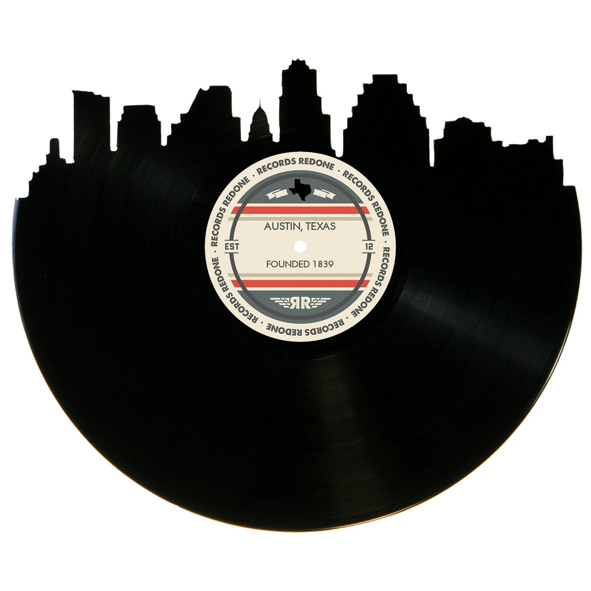 Handcrafted vinyl record art of the Austin skyline, perfect for gallery walls and unique gifts.
