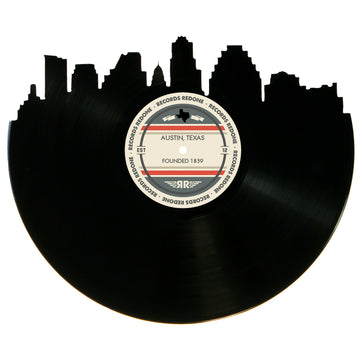 Handcrafted vinyl record art of the Austin skyline, perfect for gallery walls and unique gifts.