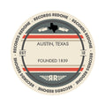 Standard label on Austin, TX skyline vinyl record wall art.