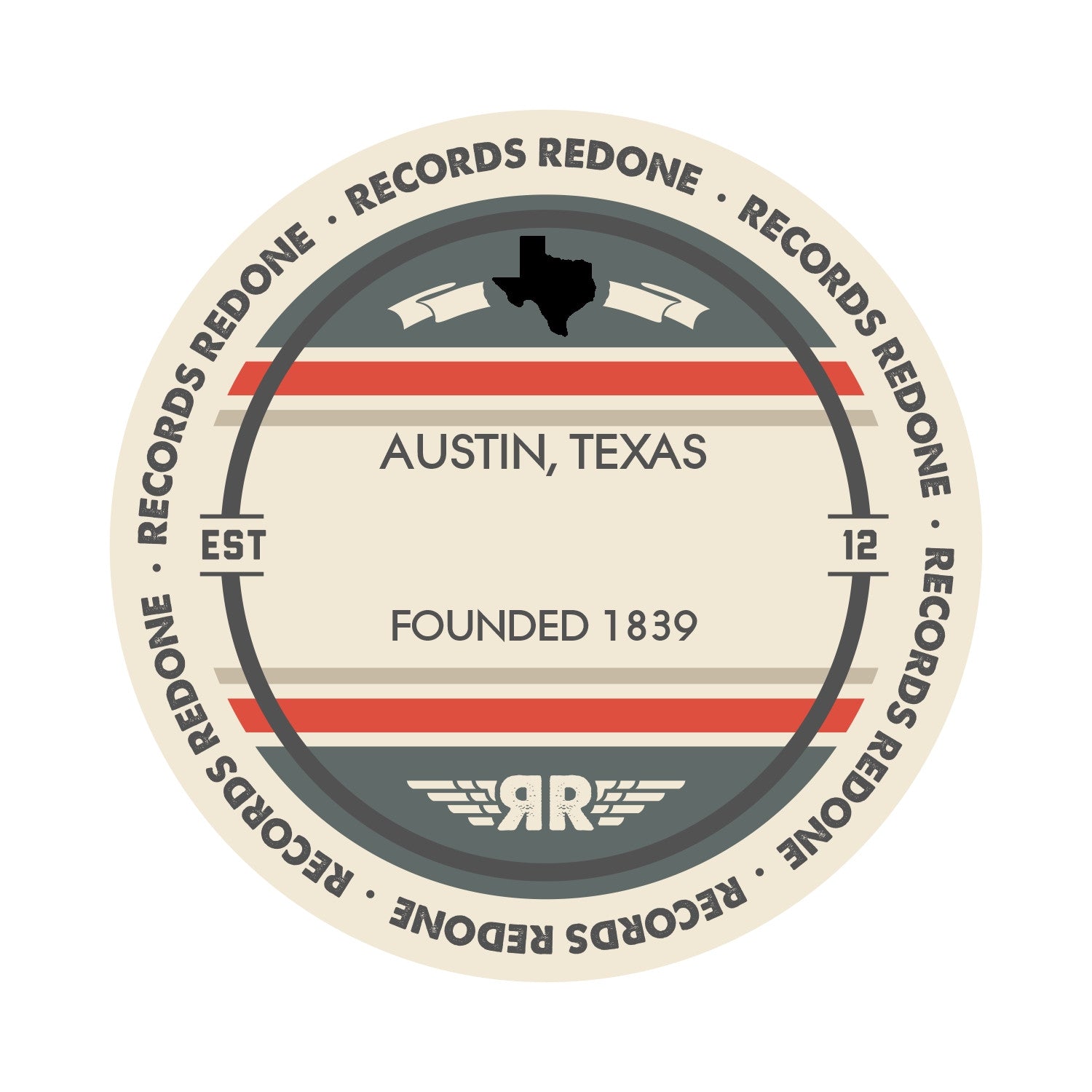 Standard label on Austin, TX skyline vinyl record wall art.