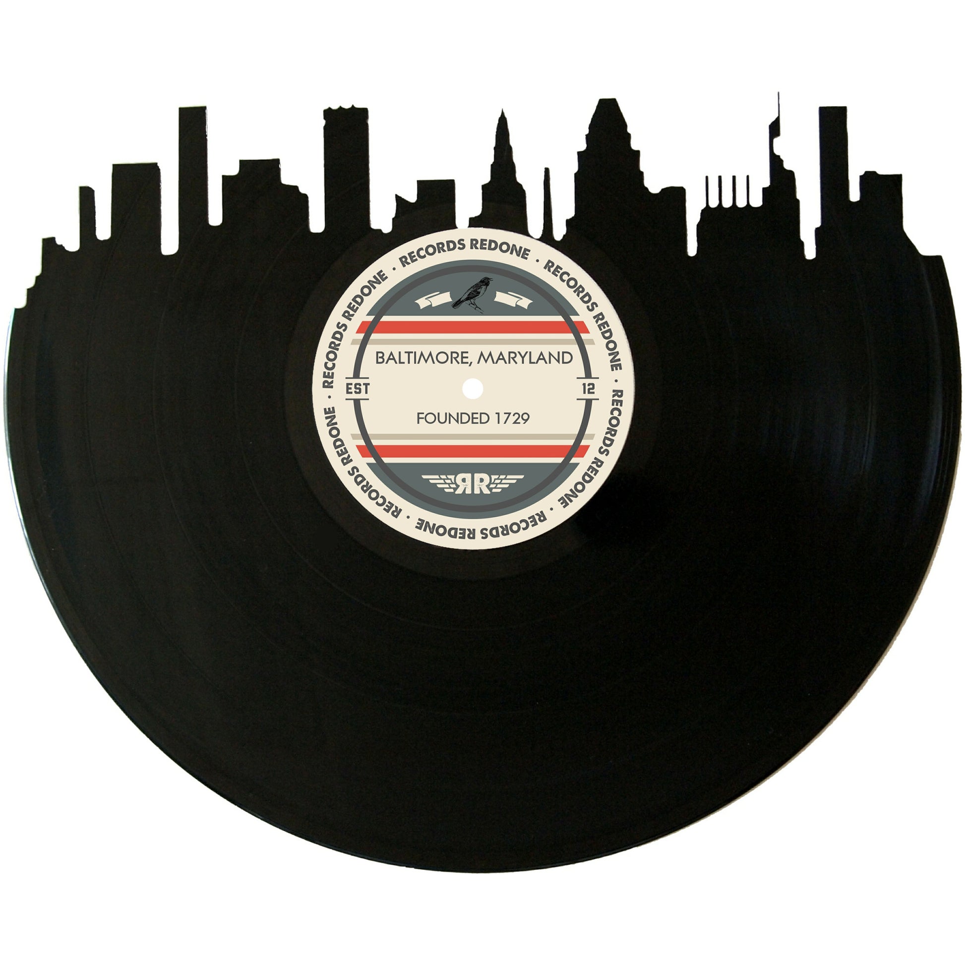 Baltimore skyline wall art made from a recycled vinyl record — eco-friendly décor with a nostalgic vibe.