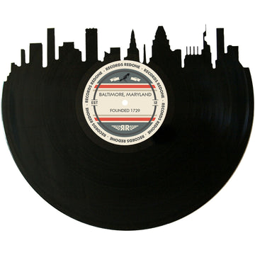 Baltimore skyline wall art made from a recycled vinyl record — eco-friendly décor with a nostalgic vibe.