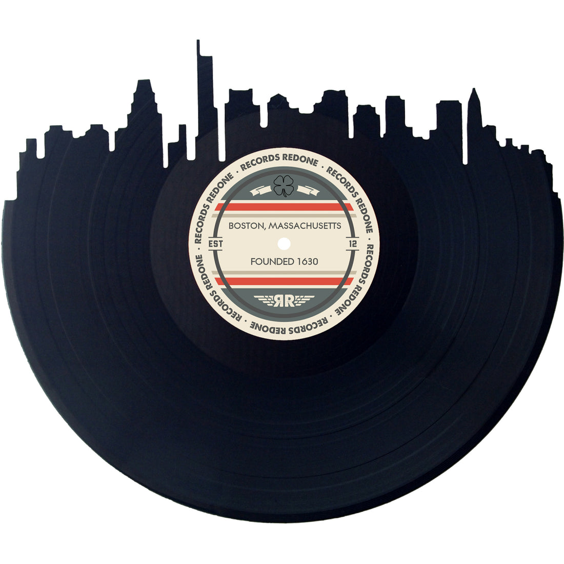 Handcrafted vinyl record art of the Boston, MA skyline, perfect for gallery walls and unique gifts.