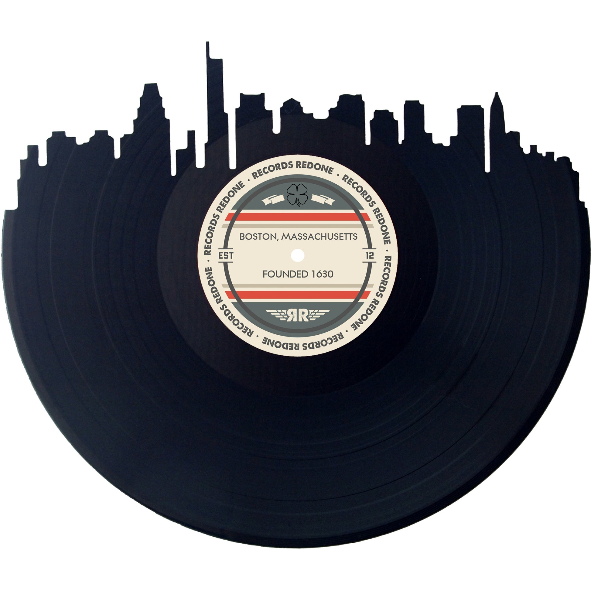 Handcrafted vinyl record art of the Boston, MA skyline, perfect for gallery walls and unique gifts.
