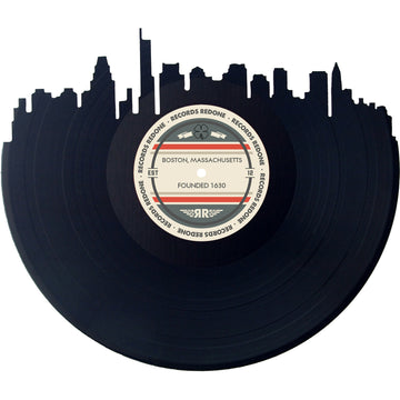 Handcrafted vinyl record art of the Boston, MA skyline, perfect for gallery walls and unique gifts.