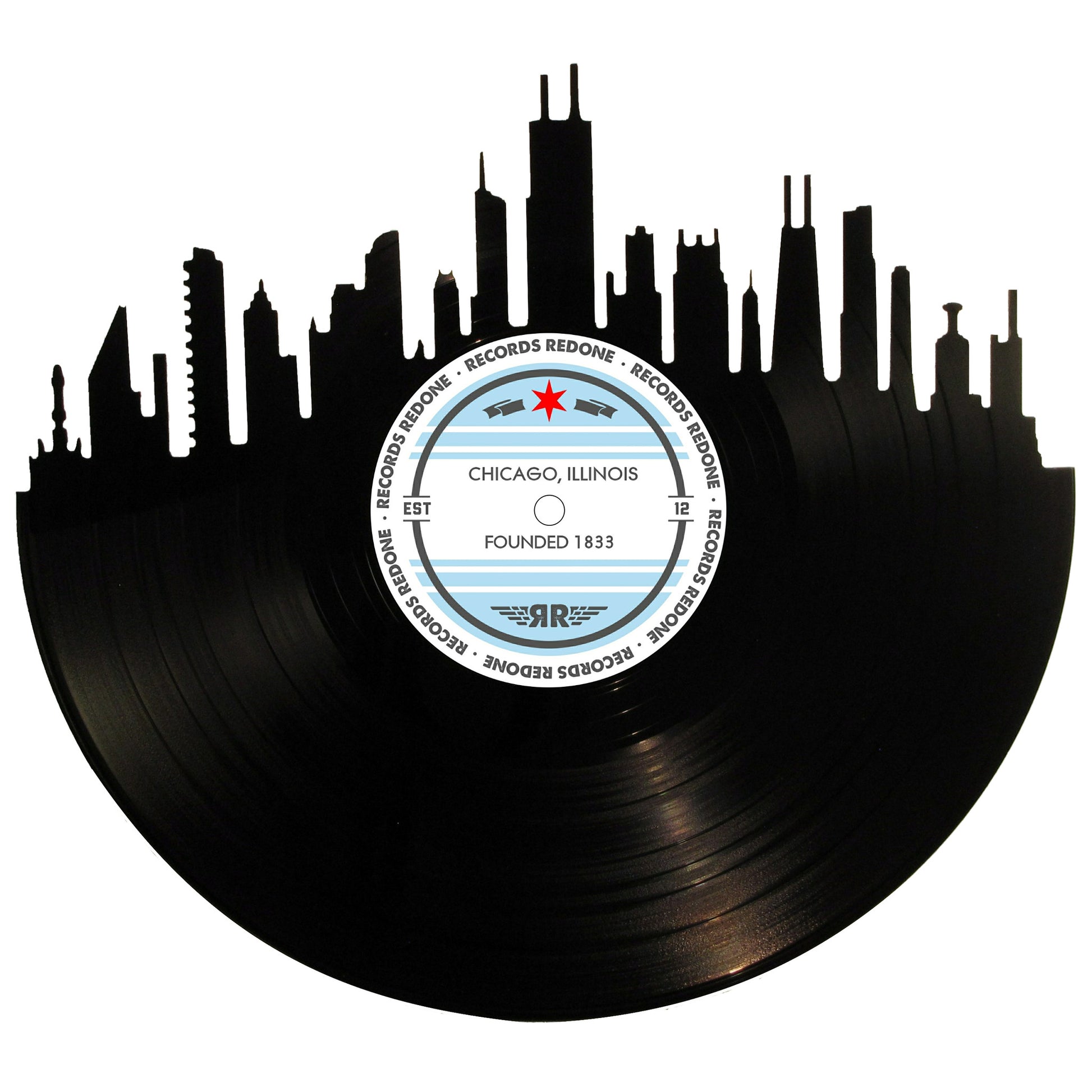 Chicago skyline wall art made from a recycled vinyl record — eco-friendly décor with a nostalgic vibe.