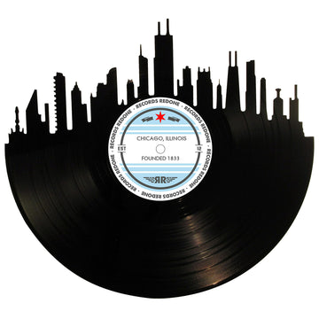 Chicago skyline wall art made from a recycled vinyl record — eco-friendly décor with a nostalgic vibe.