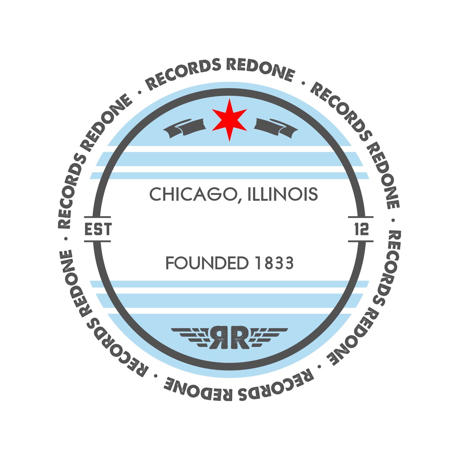 Standard label on Chicago, IL skyline vinyl record wall art.