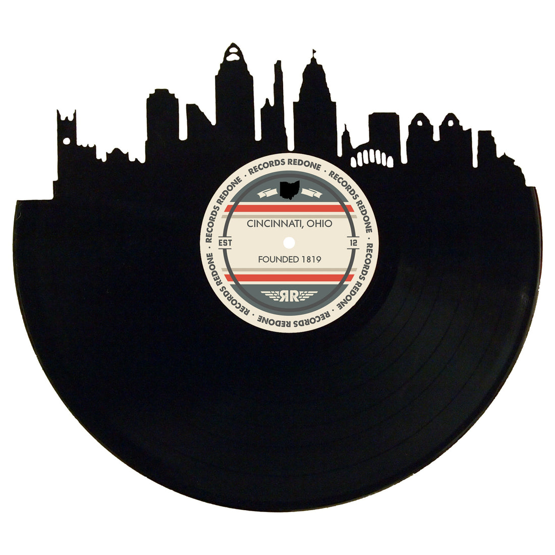 Cincinnati skyline wall art made from a recycled vinyl record — eco-friendly décor with a nostalgic vibe.
