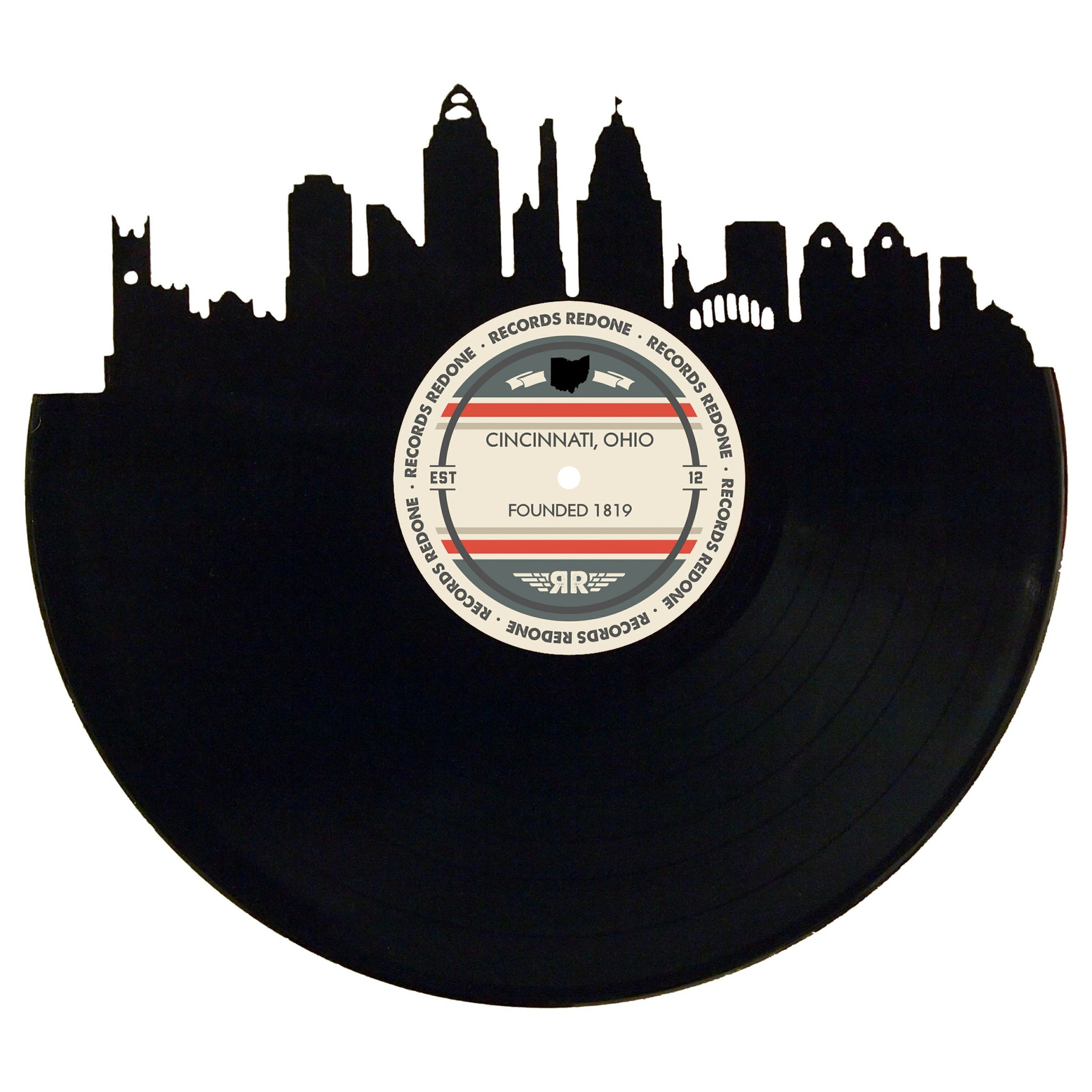 Cincinnati skyline wall art made from a recycled vinyl record — eco-friendly décor with a nostalgic vibe.
