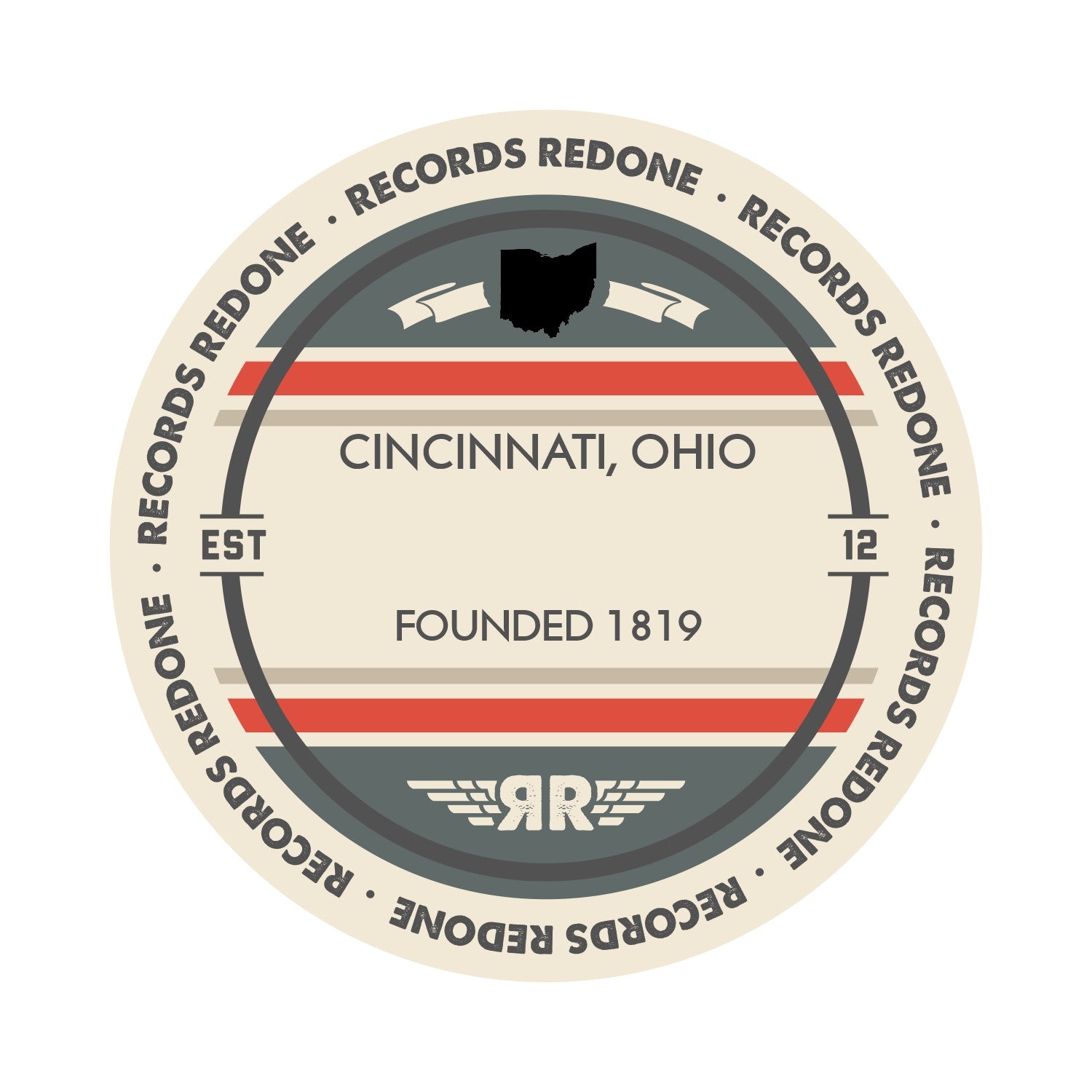 Standard label on Cincinnati, OH skyline vinyl record wall art.