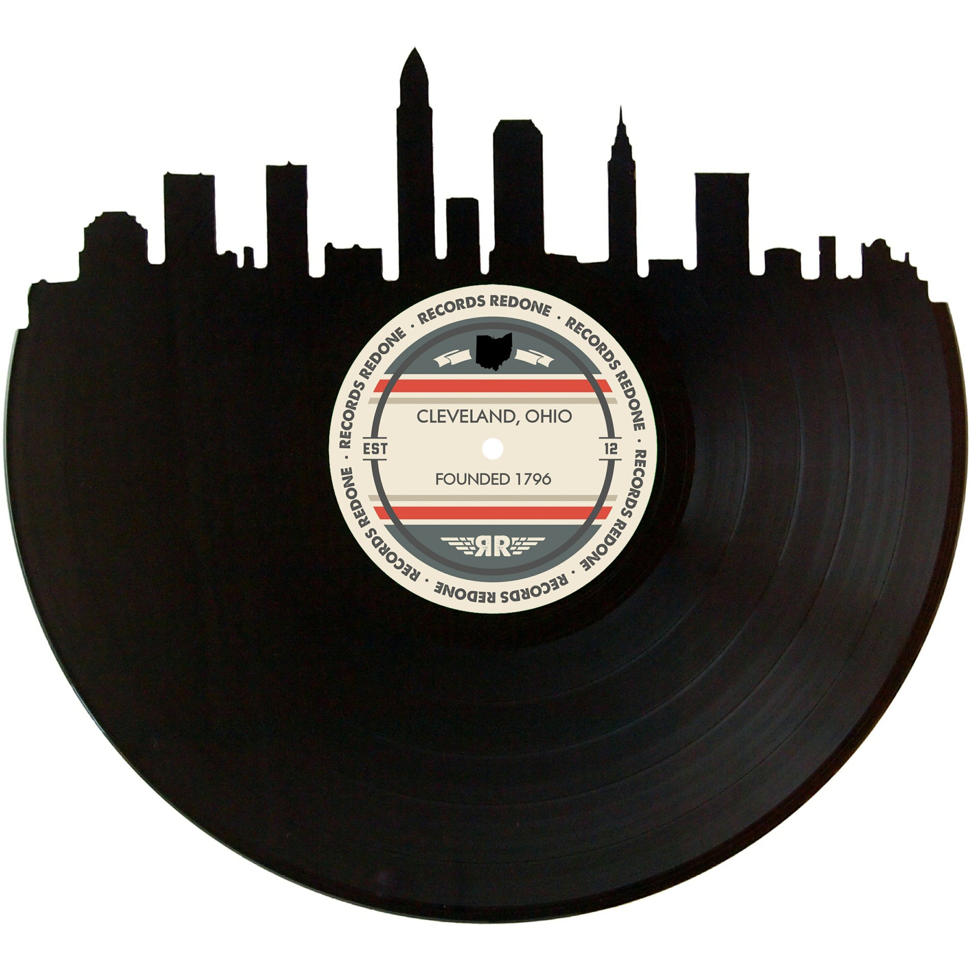 Handcrafted vinyl record art of the Cleveland, OH skyline, perfect for gallery walls and unique gifts.