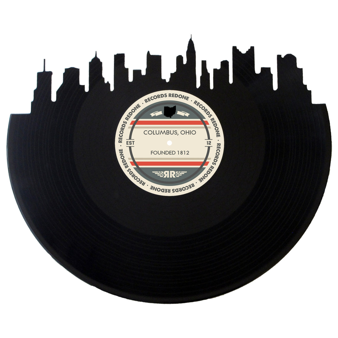 Handcrafted vinyl record art of the Columbus, OH skyline, perfect for gallery walls and unique gifts.