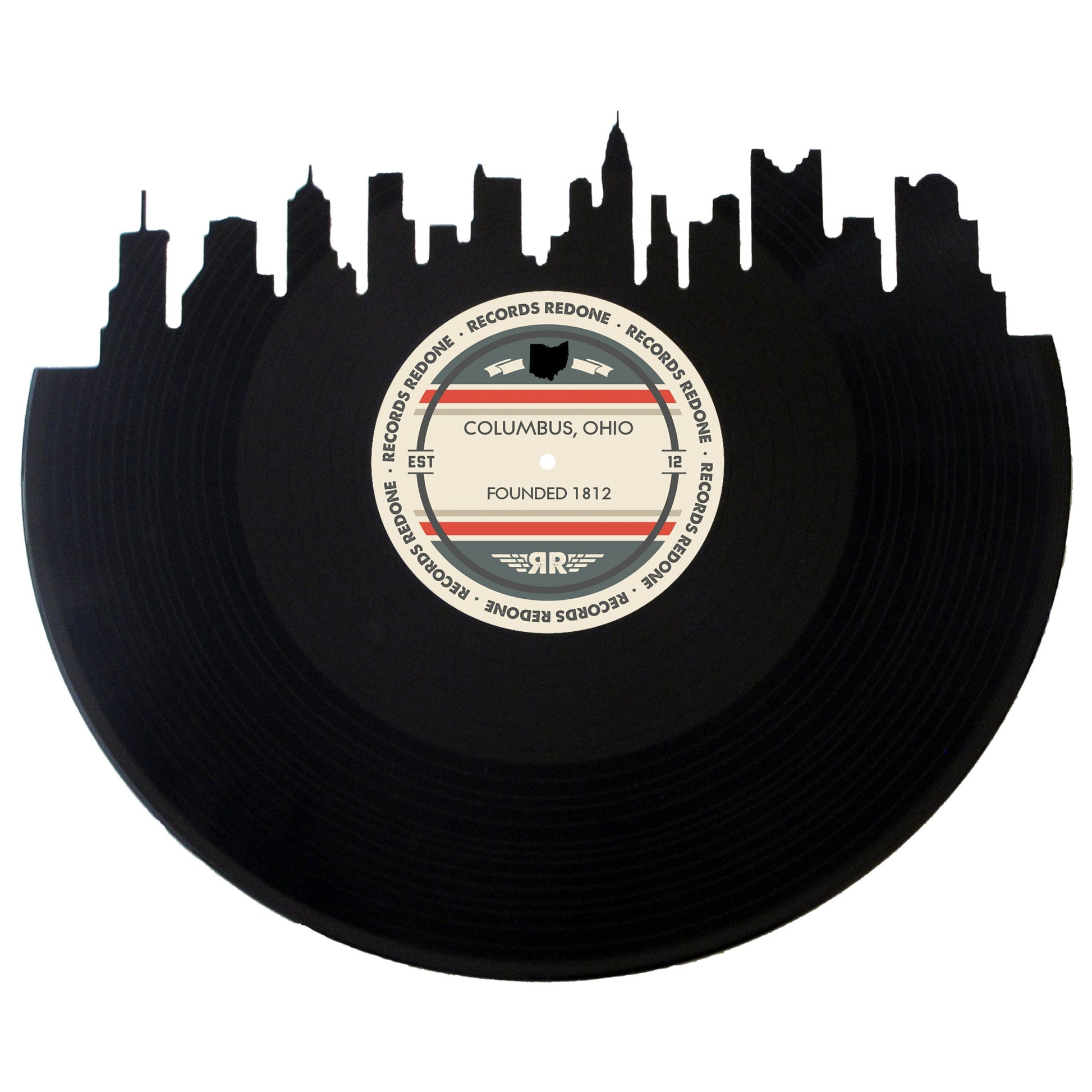 Handcrafted vinyl record art of the Columbus, OH skyline, perfect for gallery walls and unique gifts.