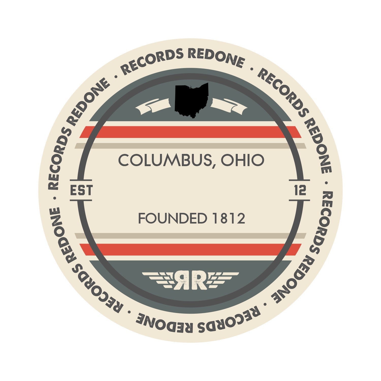 Standard label on Columbus, OH skyline vinyl record wall art.