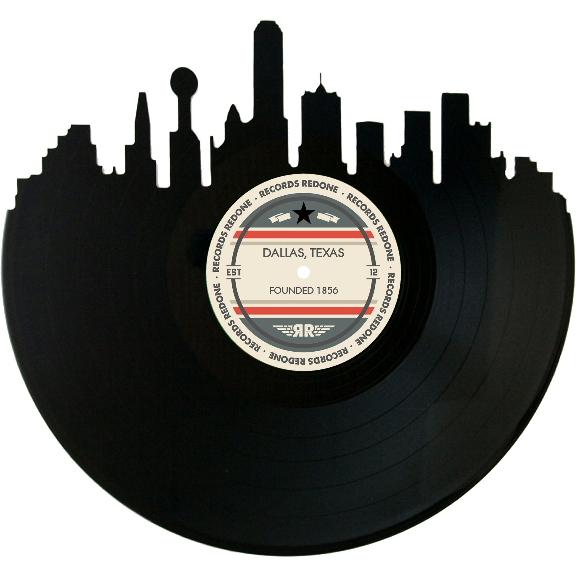 Dallas skyline wall art made from a recycled vinyl record — eco-friendly décor with a nostalgic vibe.