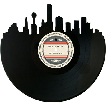Dallas skyline wall art made from a recycled vinyl record — eco-friendly décor with a nostalgic vibe.