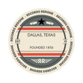 Standard label on Dallas, TX skyline vinyl record wall art.