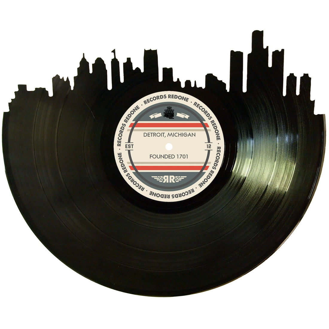Detroit skyline wall art made from a recycled vinyl record — eco-friendly décor with a nostalgic vibe.