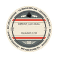 Standard label on Detroit, Michigan skyline vinyl record wall art.
