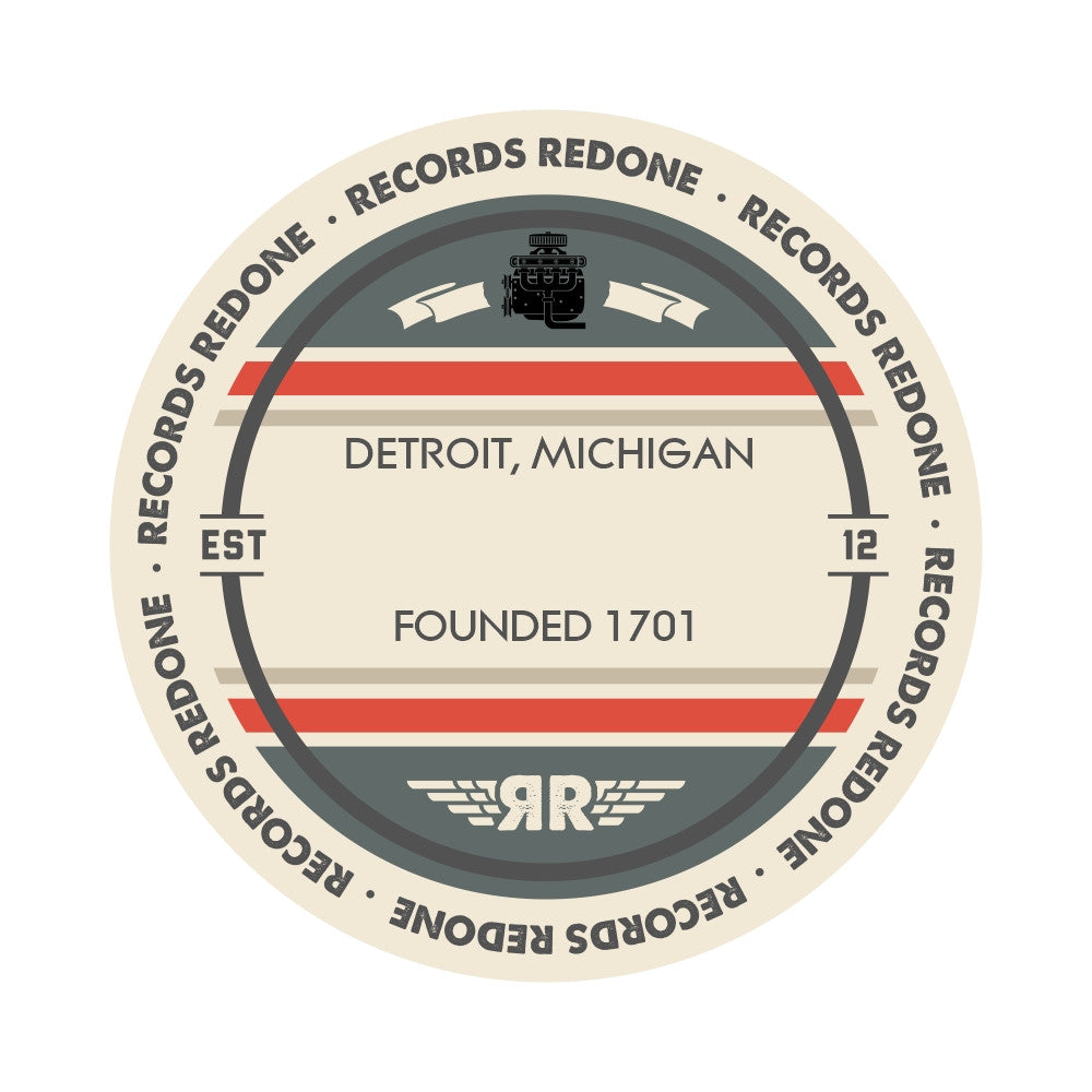 Standard label on Detroit, Michigan skyline vinyl record wall art.