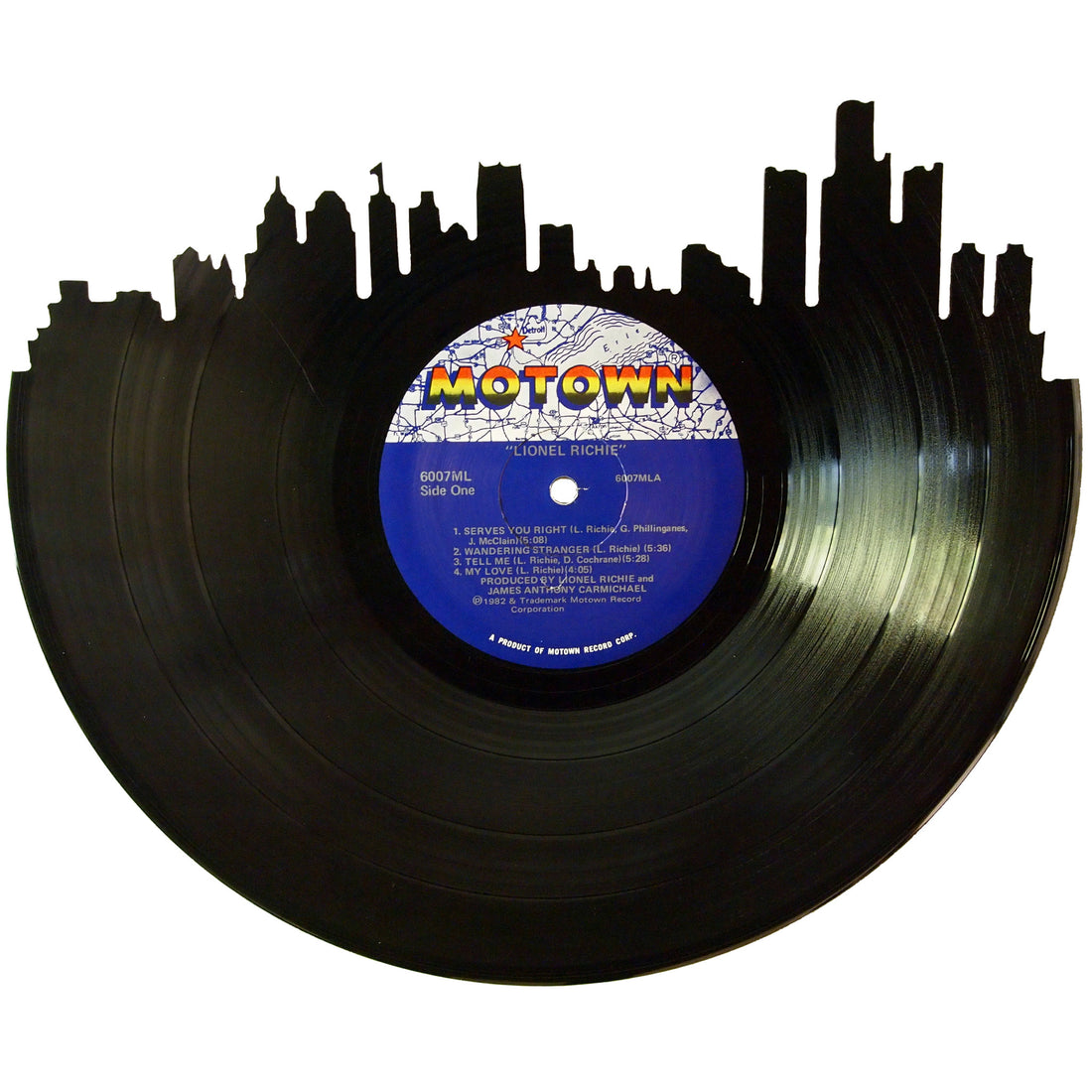 Detroit Skyline silhouette cut from authentic Motown vinyl record wall art
