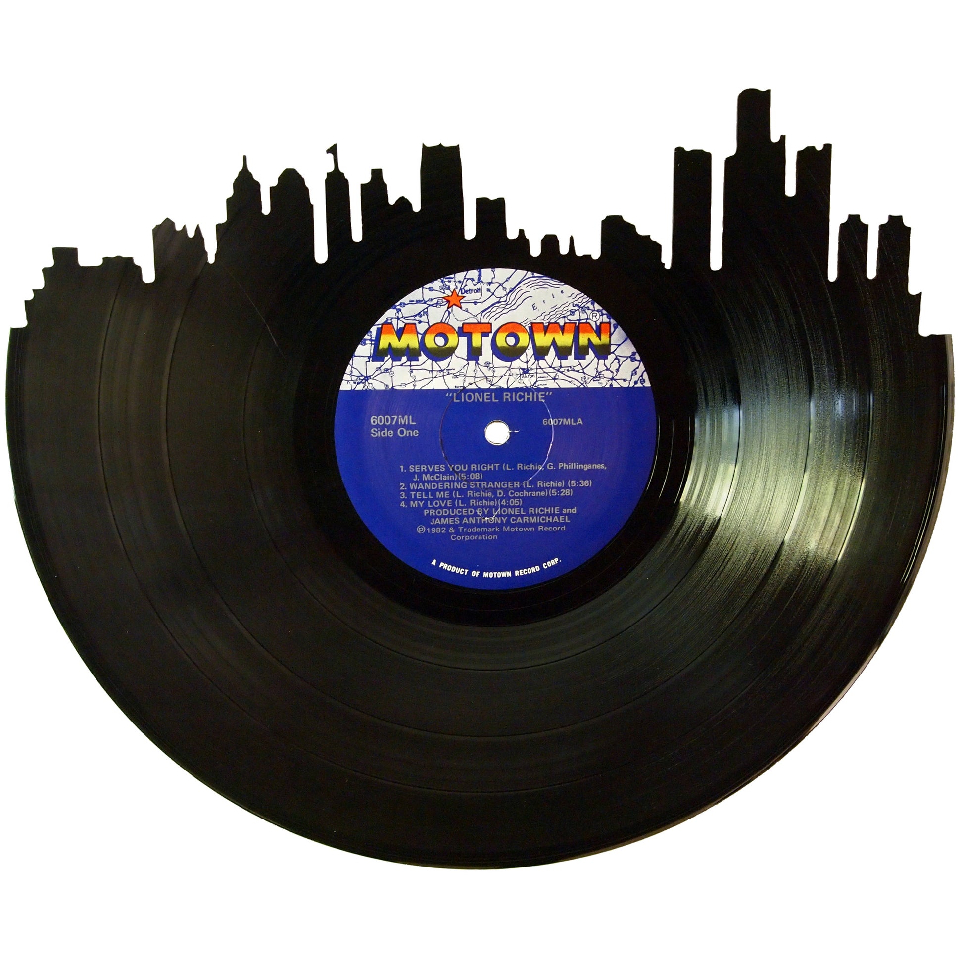 Detroit Skyline silhouette cut from authentic Motown vinyl record wall art