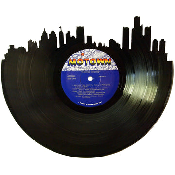 Detroit Skyline silhouette cut from authentic Motown vinyl record wall art