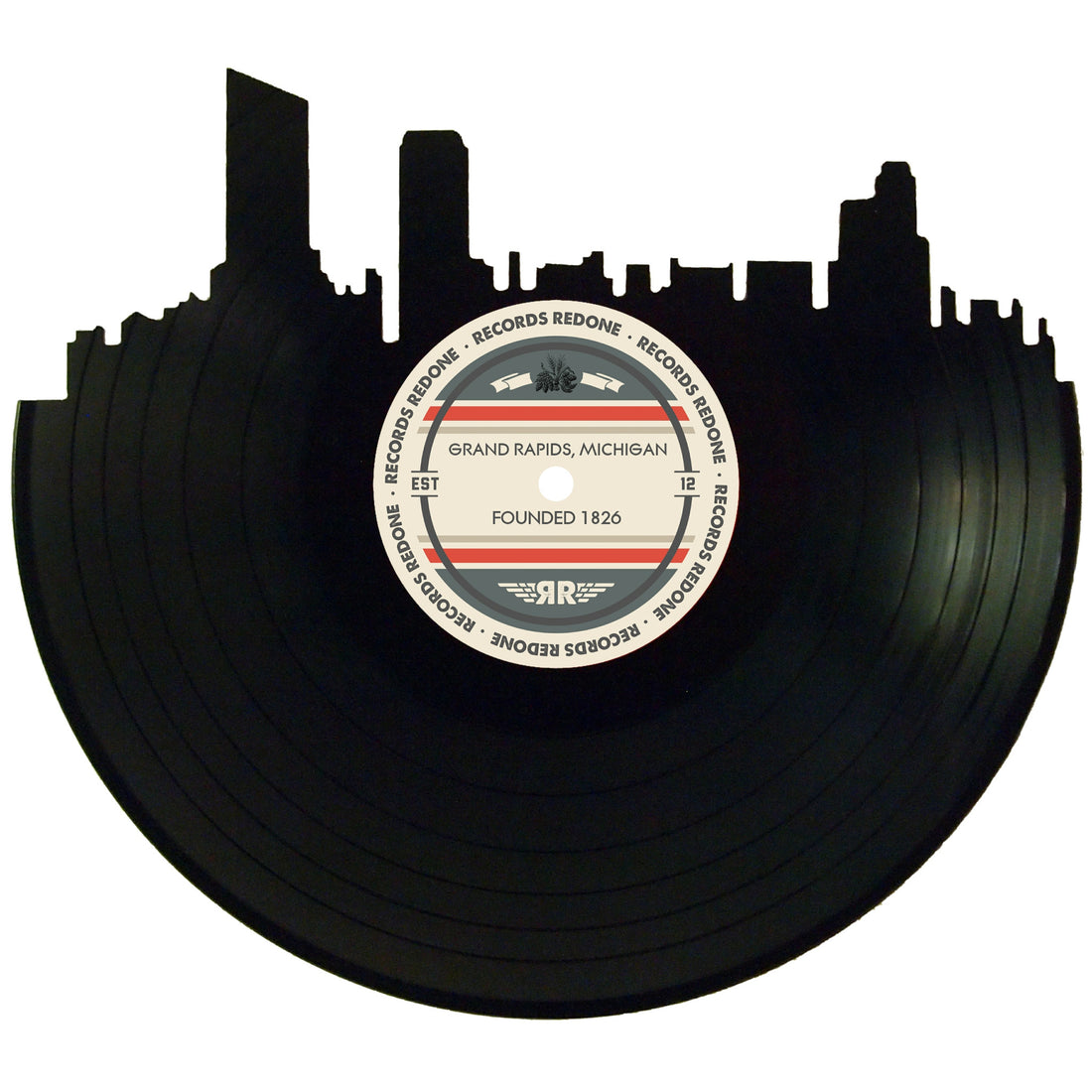 Grand Rapids skyline wall art made from a recycled vinyl record — eco-friendly décor with a nostalgic vibe.