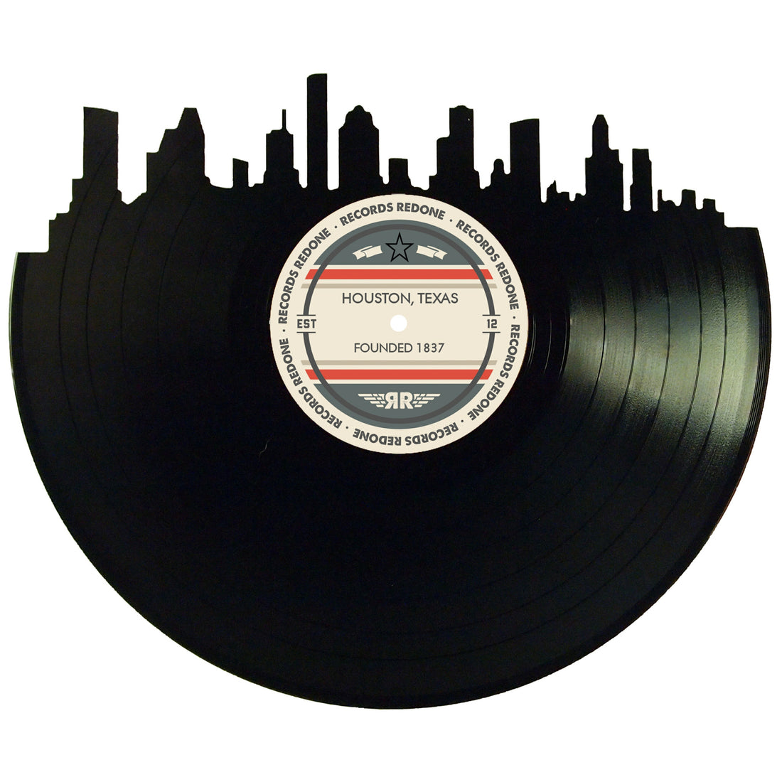 Handcrafted vinyl record art of the Houston, Texas skyline, perfect for gallery walls and unique gifts.