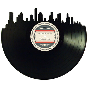 Handcrafted vinyl record art of the Houston, Texas skyline, perfect for gallery walls and unique gifts.