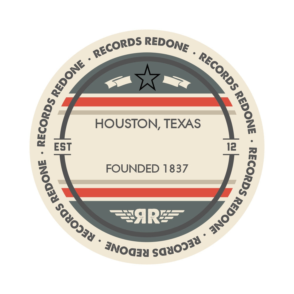 Standard label on Houston, TX skyline vinyl record wall art.