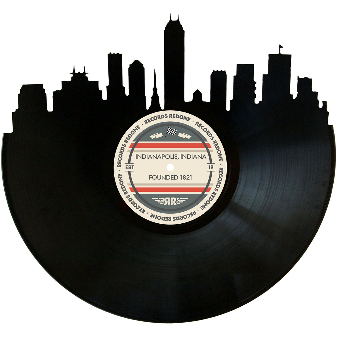 Handcrafted vinyl record art of the Indianapolis skyline, perfect for gallery walls and unique gifts.