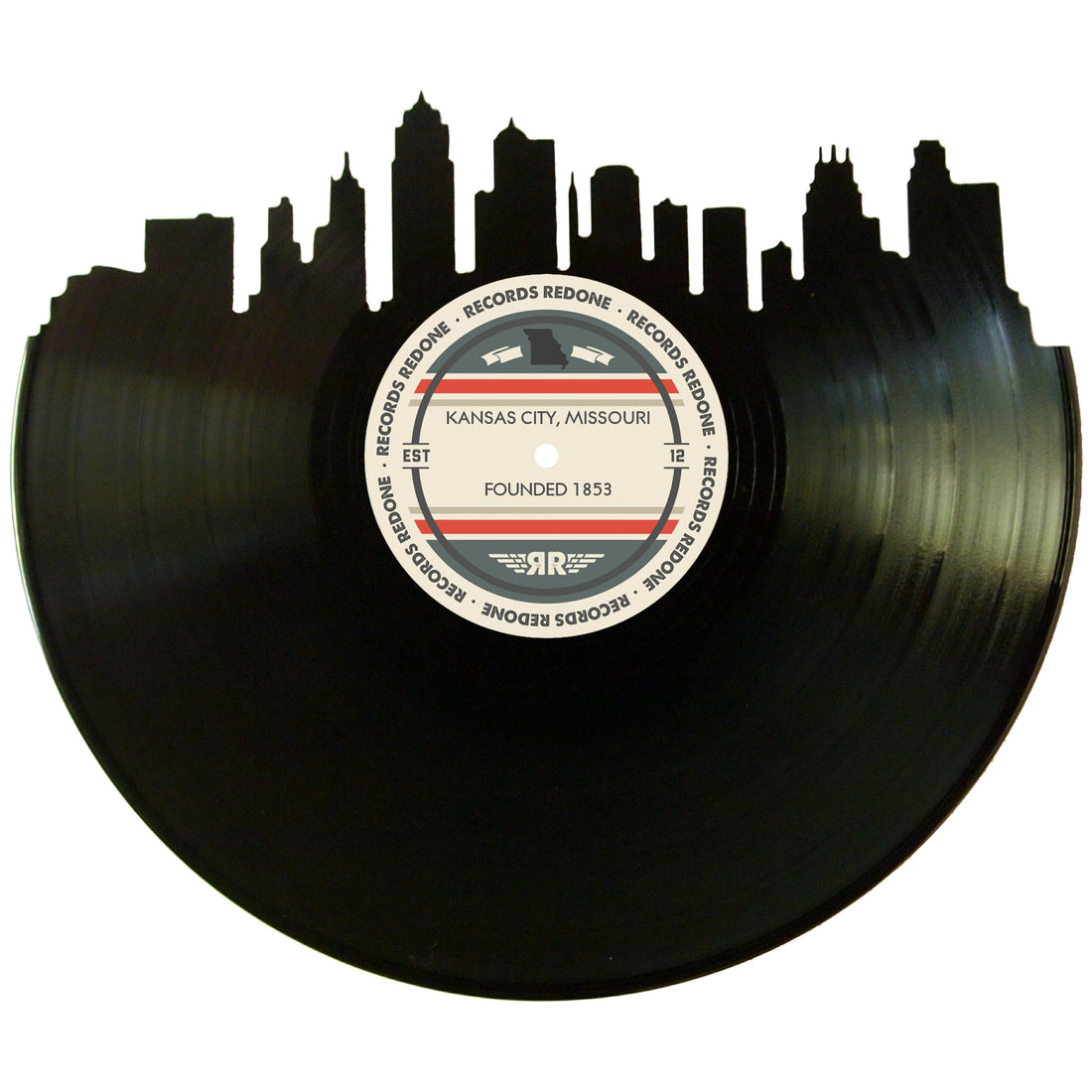 Handcrafted vinyl record art of the Kansas City skyline, perfect for gallery walls and unique gifts.