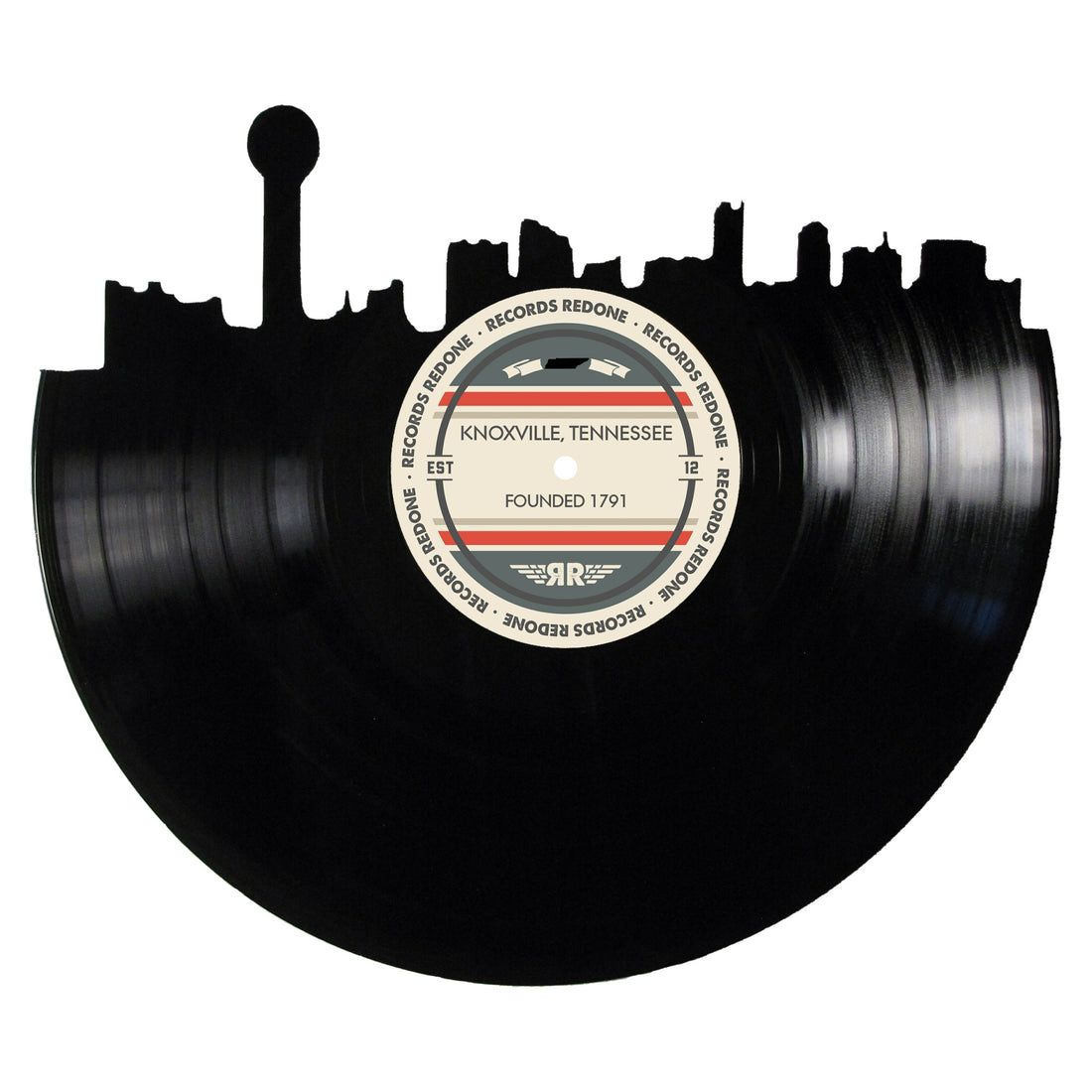 Handcrafted vinyl record art of the Knoxville, TN skyline, perfect for gallery walls and unique gifts.