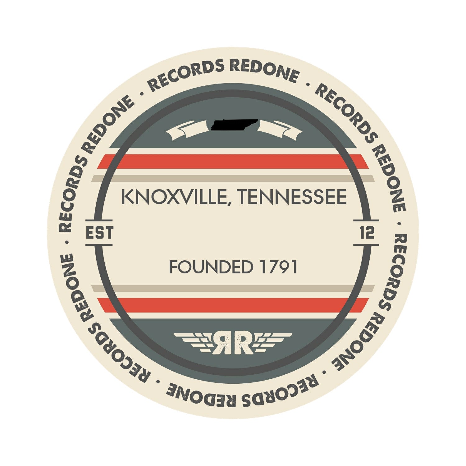 Standard label on Knoxville, TN skyline vinyl record wall art.
