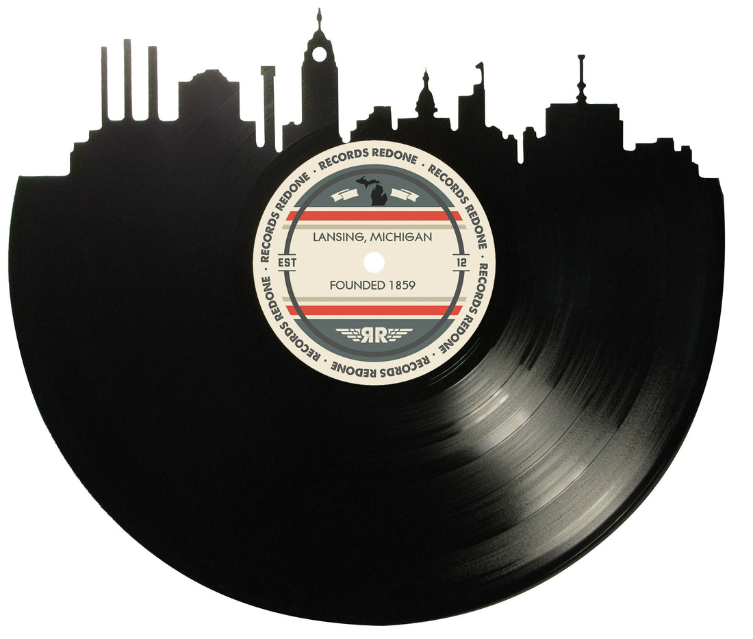 Lansing skyline wall art made from a recycled vinyl record — eco-friendly décor with a nostalgic vibe.