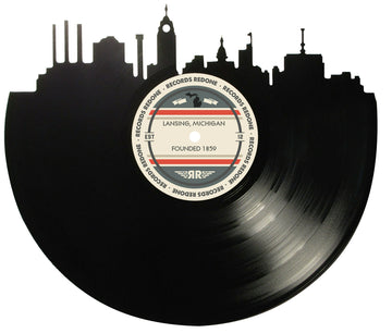 Lansing skyline wall art made from a recycled vinyl record — eco-friendly décor with a nostalgic vibe.