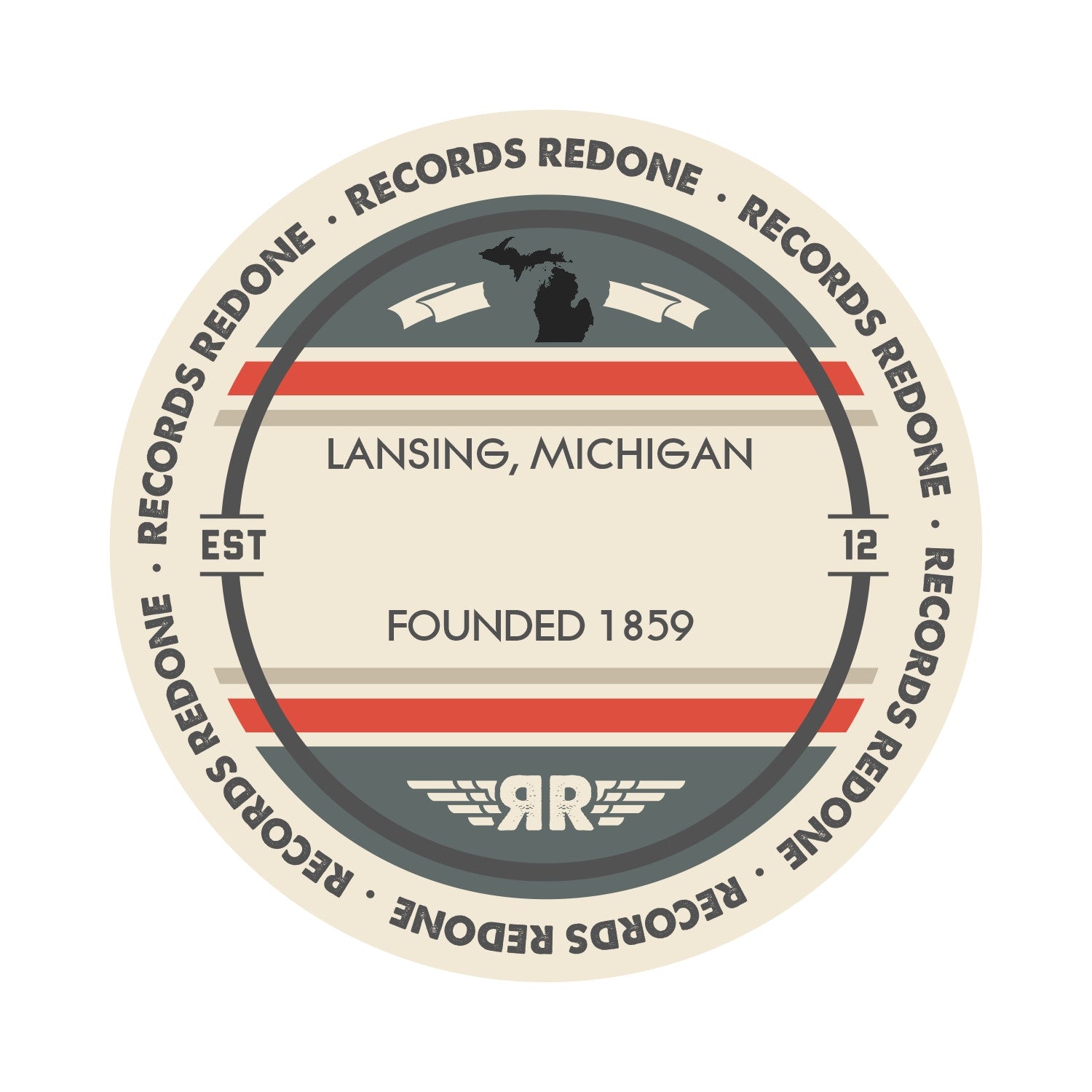 Standard label on Lansing, MI skyline vinyl record wall art.