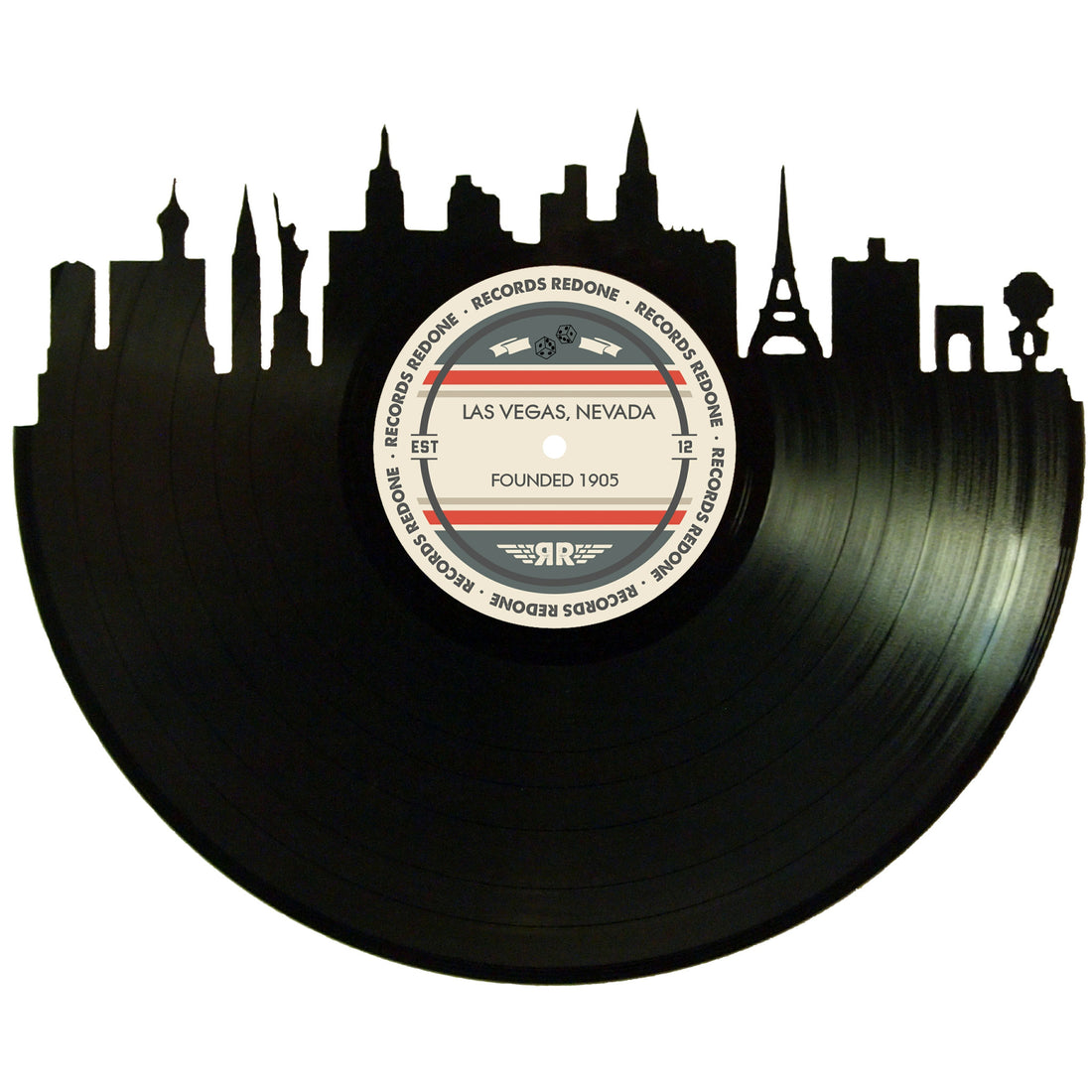 Las Vegas skyline wall art made from a recycled vinyl record — eco-friendly décor with a nostalgic vibe.
