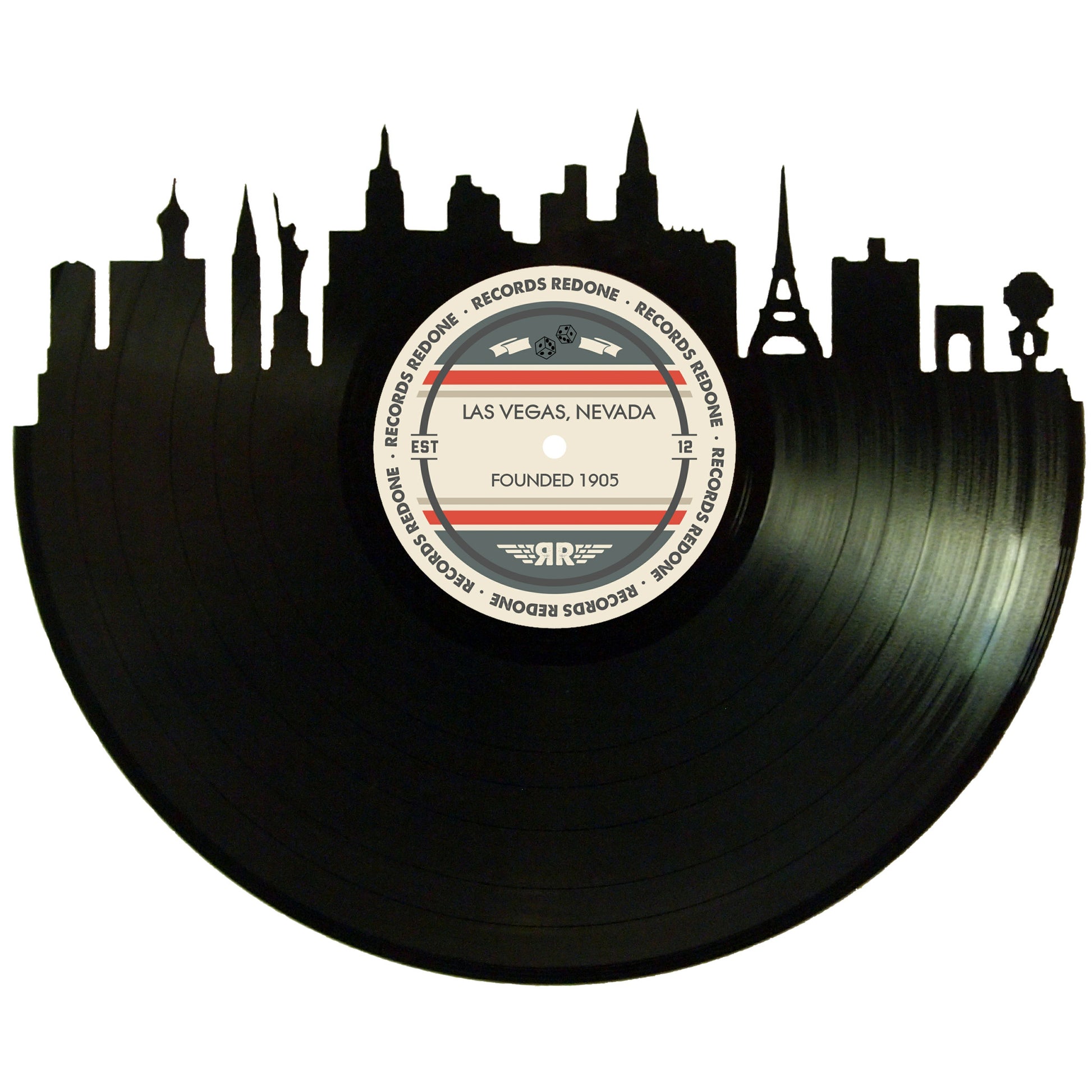 Las Vegas skyline wall art made from a recycled vinyl record — eco-friendly décor with a nostalgic vibe.