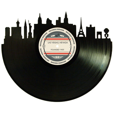 Las Vegas skyline wall art made from a recycled vinyl record — eco-friendly décor with a nostalgic vibe.