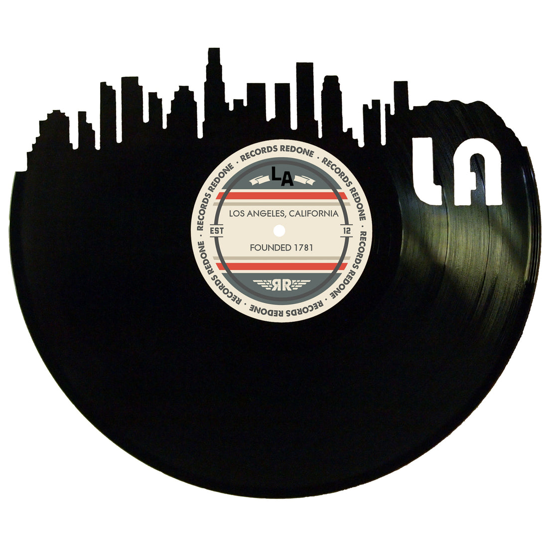 Handcrafted vinyl record art of the Los Angeles, California skyline, perfect for gallery walls and unique gifts.