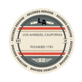 Standard label on Los Angeles, CA skyline vinyl record wall art.