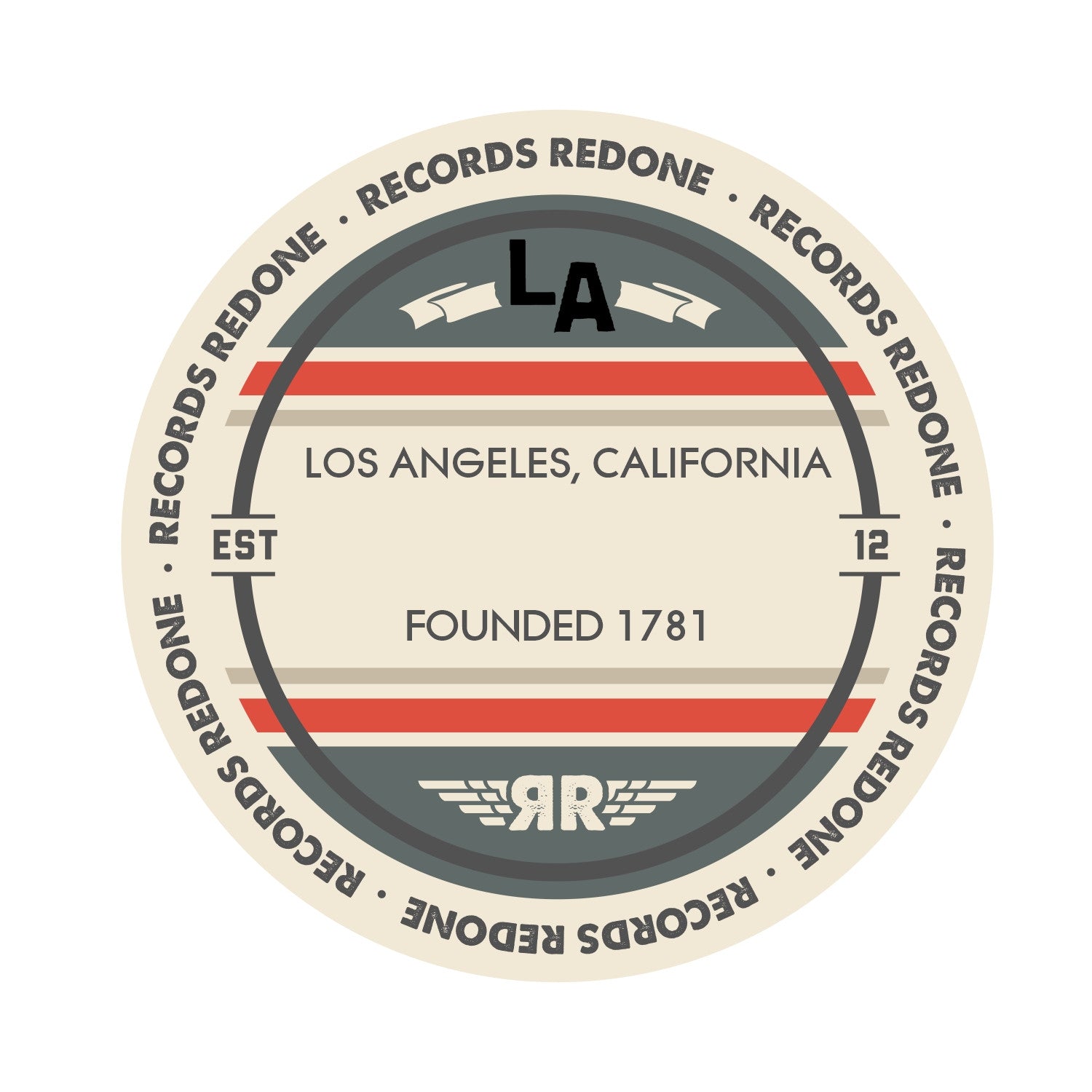 Standard label on Los Angeles, CA skyline vinyl record wall art.