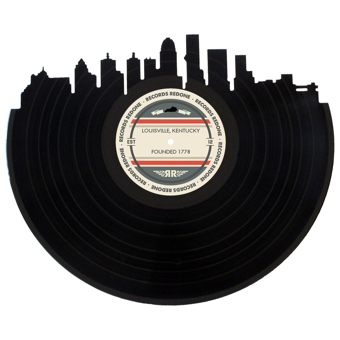 Handcrafted vinyl record art of the Louisville, KY skyline, perfect for gallery walls and unique gifts